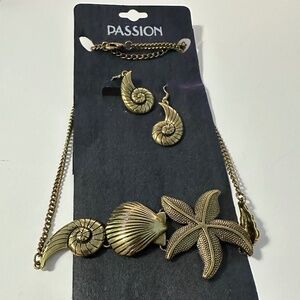 PASSION Gold Tone Sea Life Necklace & Nautilus Earrings Set | Coastal Jewelry